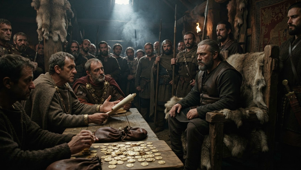 Attila sits in his hall as Roman ambassadors present bags of gold coins to his scribes.