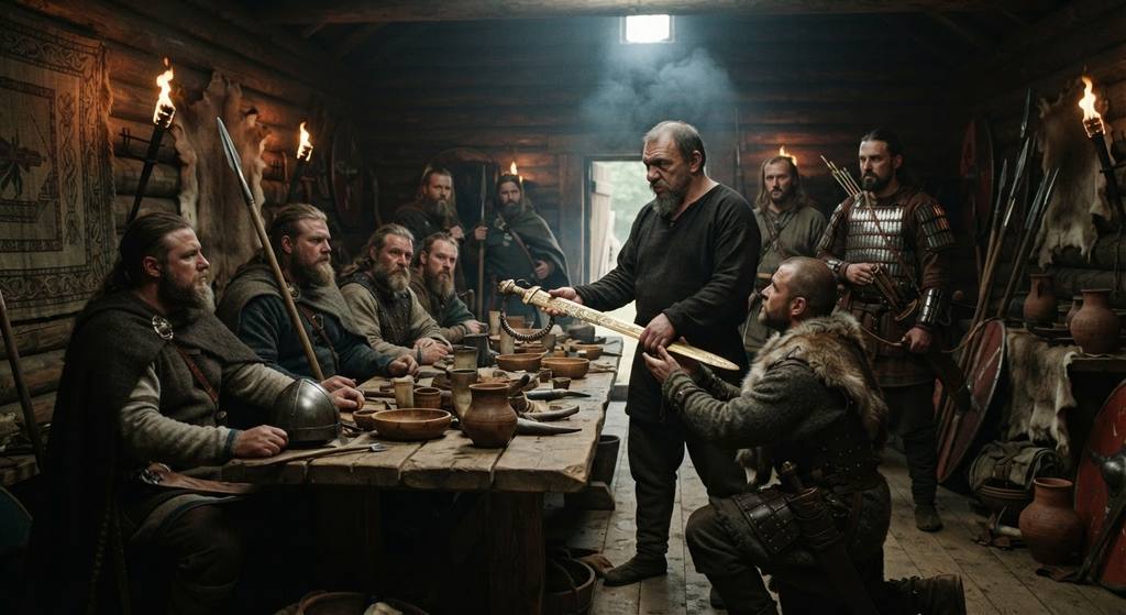 Attila distributes ornate gilded weapons and iron torcs to chieftains gathered around a timber table.