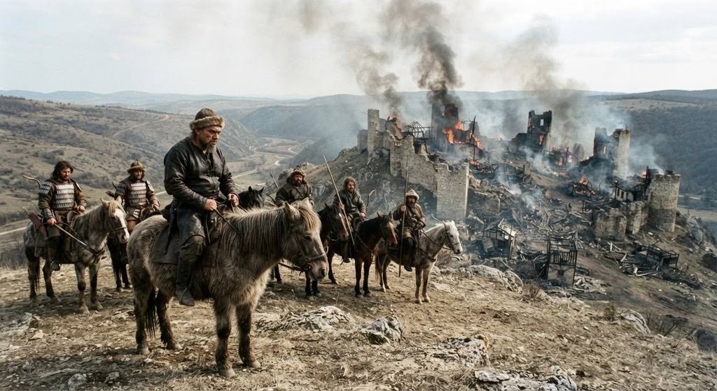 Attila and his mounted archers watch from a ridge as a distant stone fortress emits plumes of smoke.