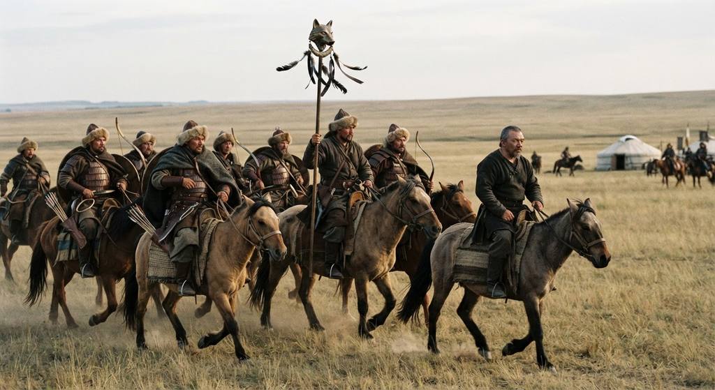 Attila leads a tight formation of mounted archers across the wide, open Pannonian plain.