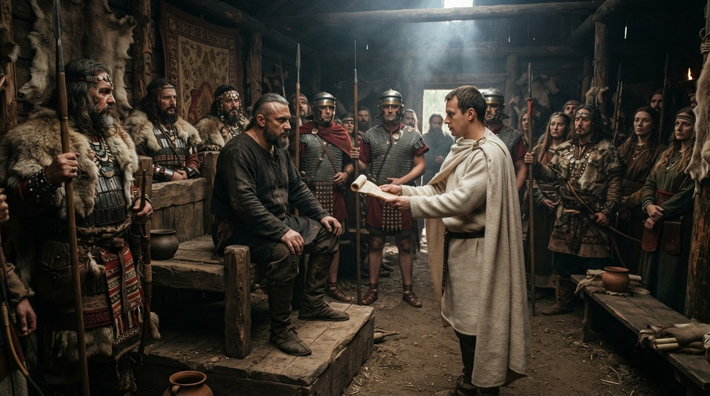 Attila sits in his timber hall, observing as Roman envoys present him with a formal written decree and a ring.