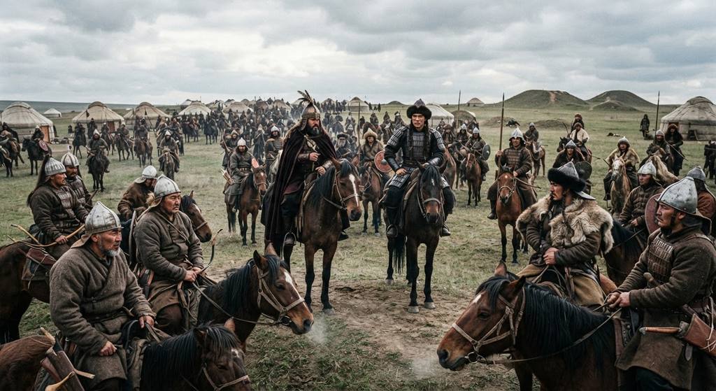 Nomadic warriors on horseback gather on a vast grassy steppe as two leaders meet to discuss the transition of tribal command.