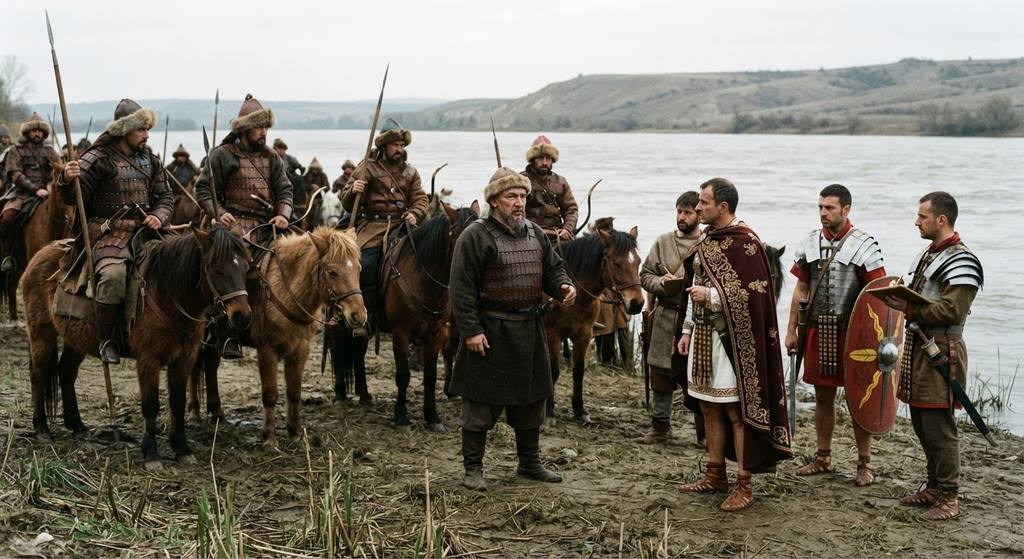 Attila stands on a riverbank in simple attire, gesturing toward Roman officials while his armed horsemen wait nearby.