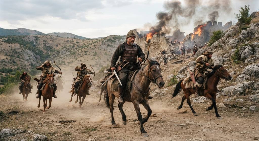 Mounted Hunnic archers ride past a burning stone fortress nestled in the rugged Balkan hills.