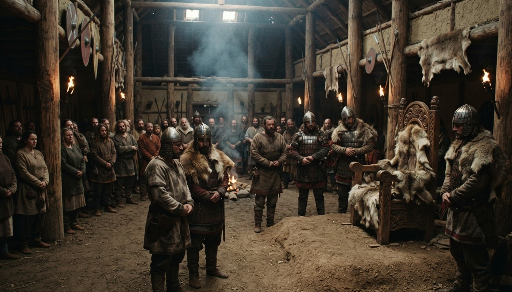 An empty wooden throne sits in the center of a dimly lit hall decorated with animal skins and iron weapons.