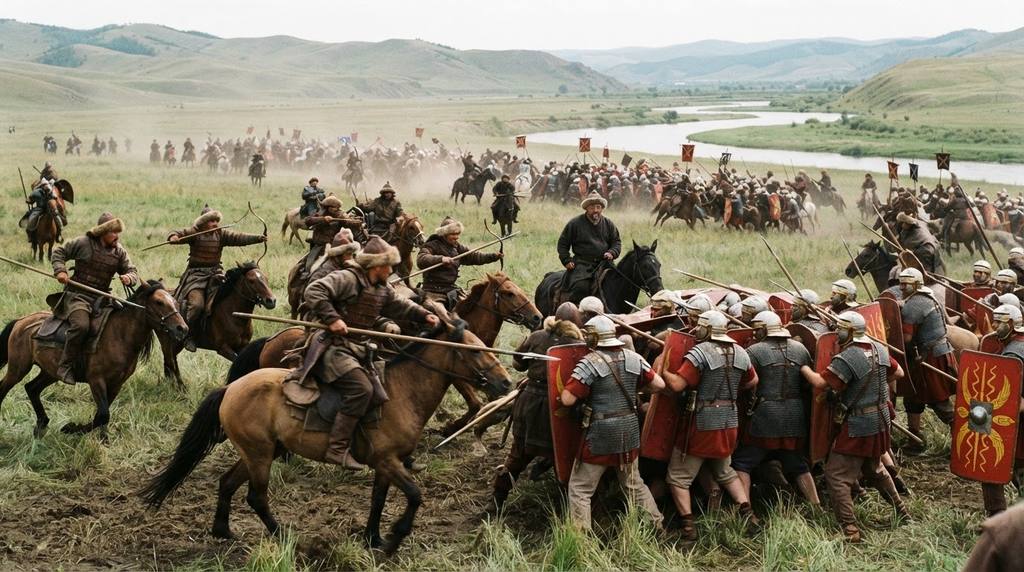 Attila leads a cavalry charge against Roman infantry across a wide, sunlit river valley.