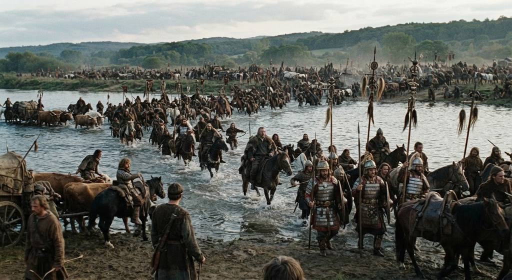 A massive, diverse army led by Attila crosses a wide river under the shade of tall, fluttering banner poles.