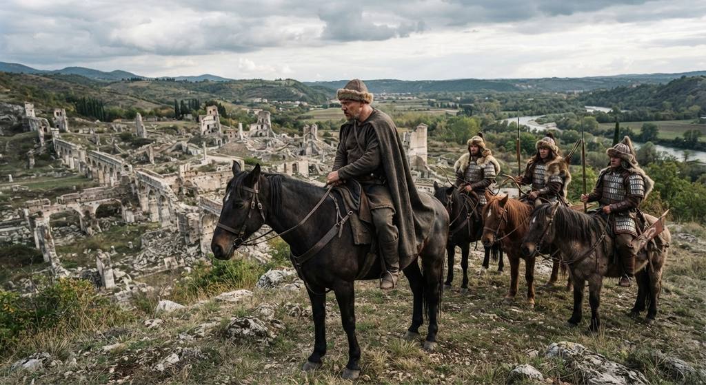 Mounted Hunnic scouts led by Attila watch from a grassy ridge overlooking the crumbling stone walls of a Roman city.