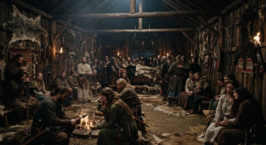 A quiet, empty timber hall is illuminated by soft night light, with iron weapons and animal pelts hanging on the walls.
