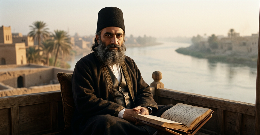 Bahá'u'lláh stands along the quiet, sunlit banks of the Tigris River in Baghdad at dawn.