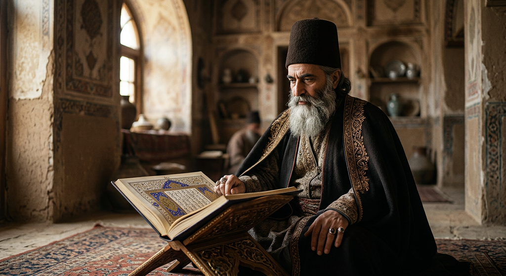 Bahá'u'lláh looks at an intricate illuminated Persian manuscript adorned with gold leaf and lapis lazuli.