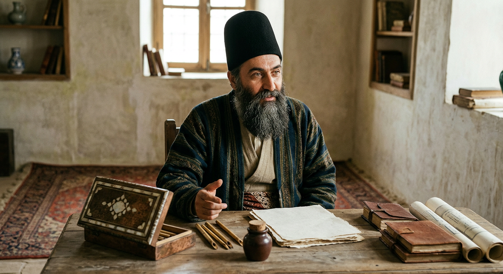 Bahá'u'lláh stands beside a wooden writing desk equipped with a Persian writing box and reed pens.