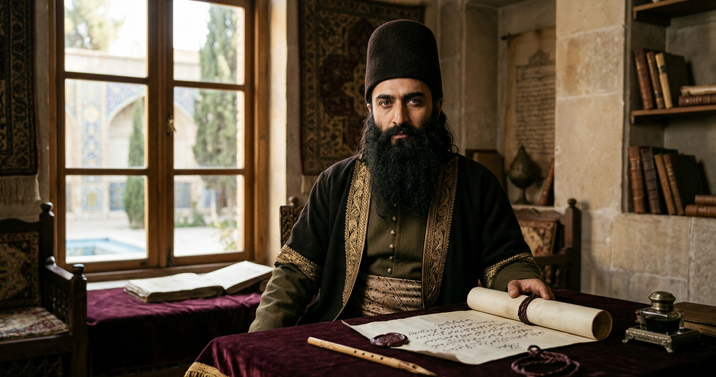 Bahá'u'lláh stands near a sealed parchment scroll with Arabic calligraphy resting on red velvet.