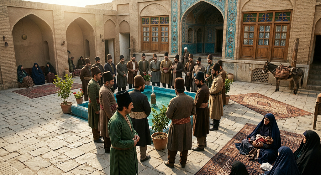 Bahá'u'lláh stands in a sunlit Persian courtyard estate wearing noble Persian attire and a tall felt hat.