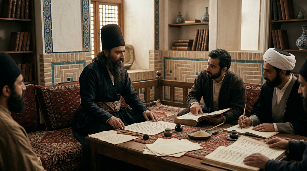Bahá'u'lláh sits in traditional Persian attire with scholars studying manuscripts in a Persian room.