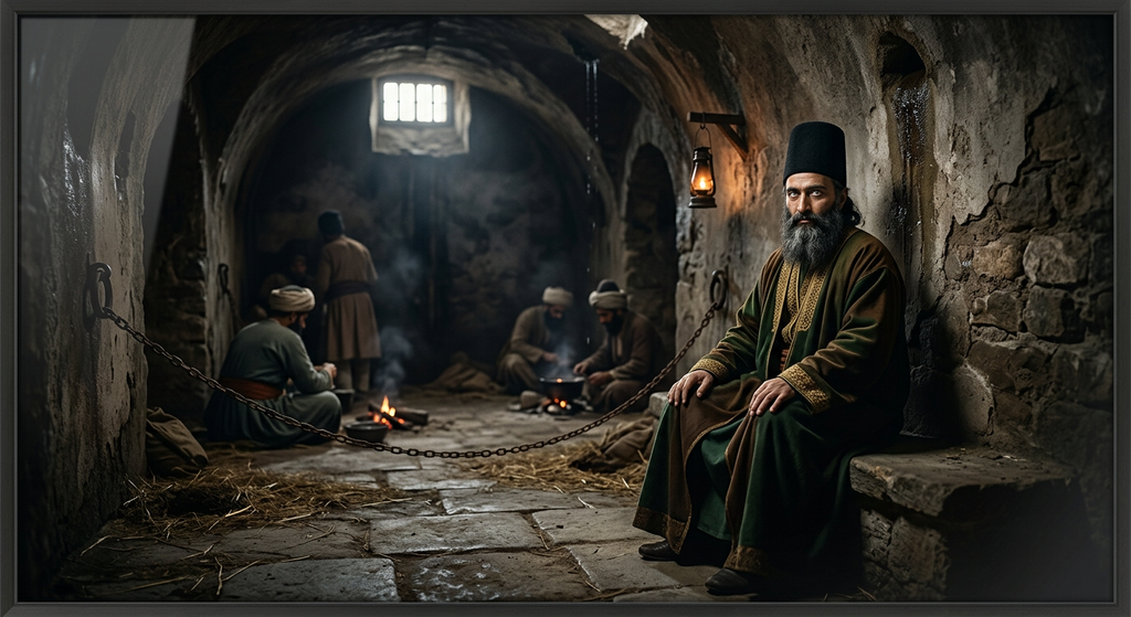 Bahá'u'lláh stands in noble Persian attire inside a dark subterranean stone dungeon in Tehran.