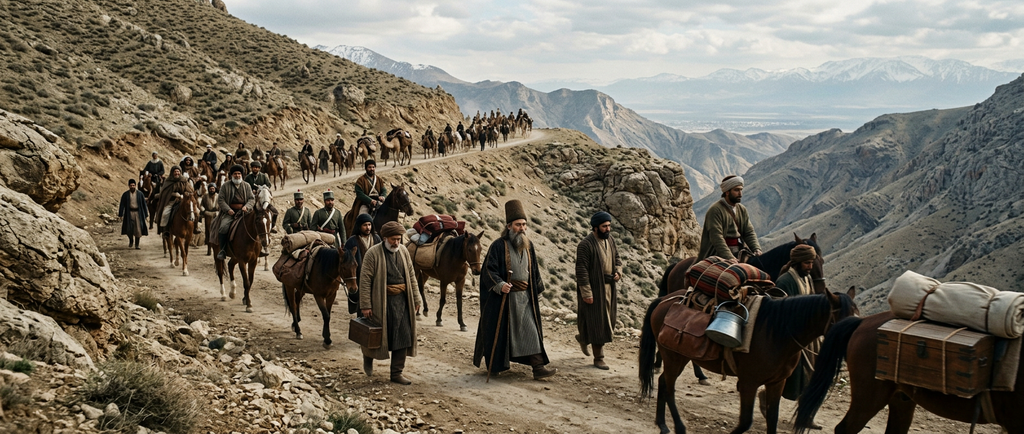 Bahá'u'lláh travels with a caravan along a rugged mountain path in the Zagros range toward Baghdad.