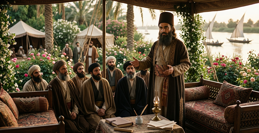 Bahá'u'lláh stands near traditional tents in a lush garden set along the Tigris River.
