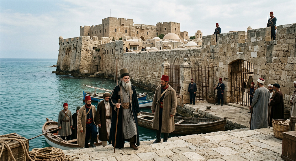 Bahá'u'lláh stands in noble Persian dress beside the massive stone sea walls of the fortress city of Akka.