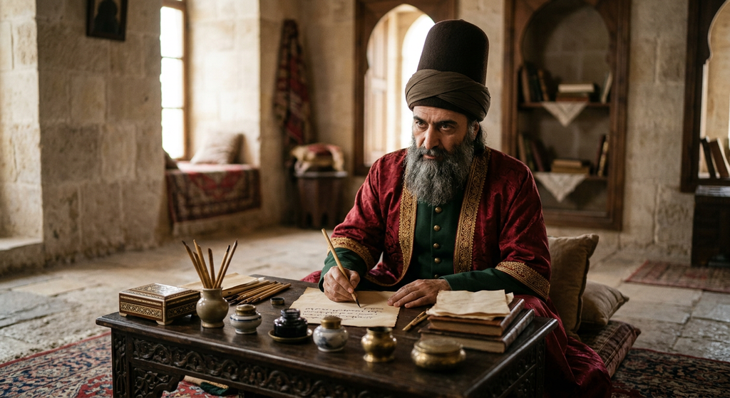 Bahá'u'lláh stands beside a wooden writing desk holding parchment near inkwells.