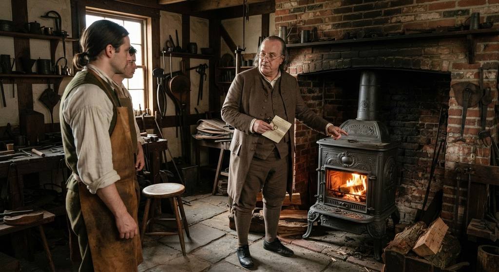 An iron Pennsylvania Fireplace is built into a brick chimney for efficient home heating.