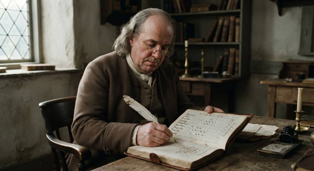 A handwritten ledger page shows a grid chart with abbreviations for virtues used for personal tracking.