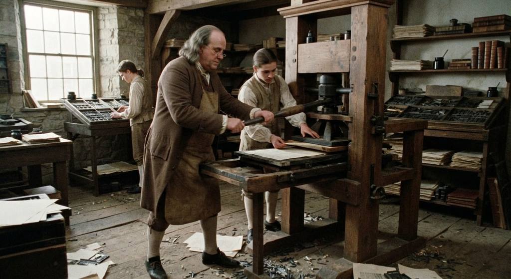 Benjamin Franklin operates a heavy wooden printing press in a sunlit workshop filled with paper and ink.