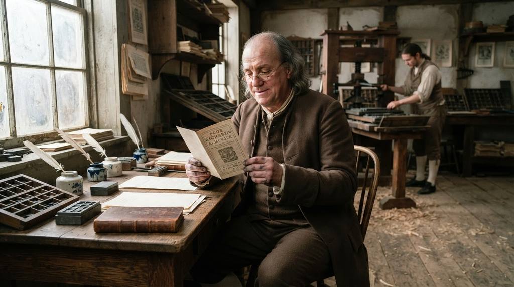 A printed copy of Poor Richard's Almanack rests on a wooden desk next to ink wells and a quill pen.