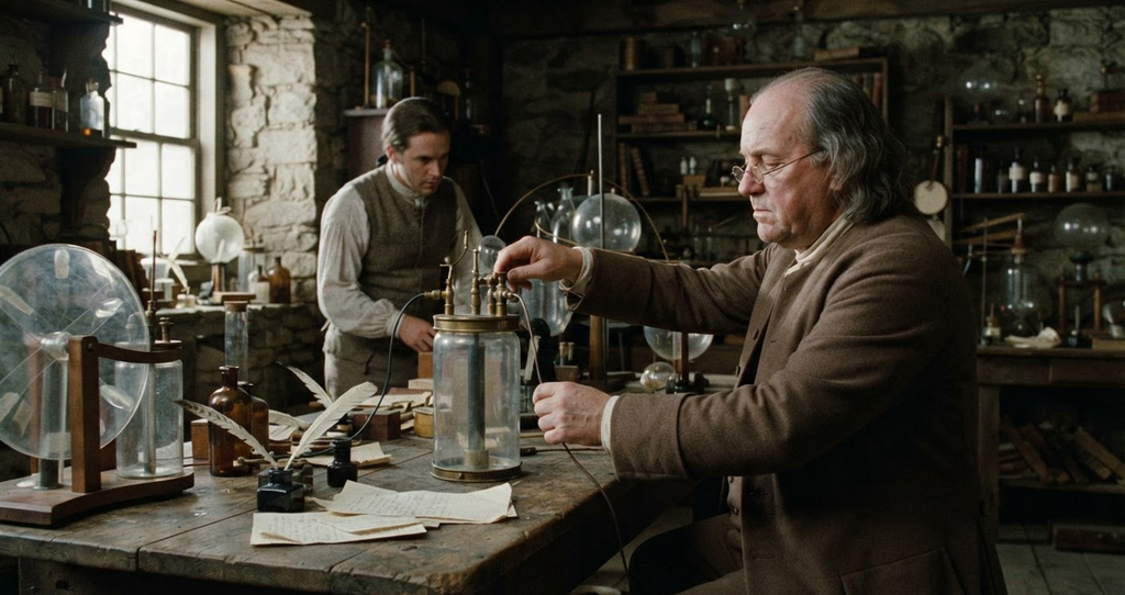 Glass Leyden jars and brass electrical conductors are arranged on a workbench in a cluttered laboratory.