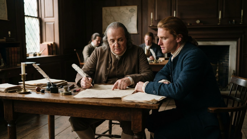 Benjamin Franklin and Thomas Jefferson review a draft document together in a wood-paneled room.
