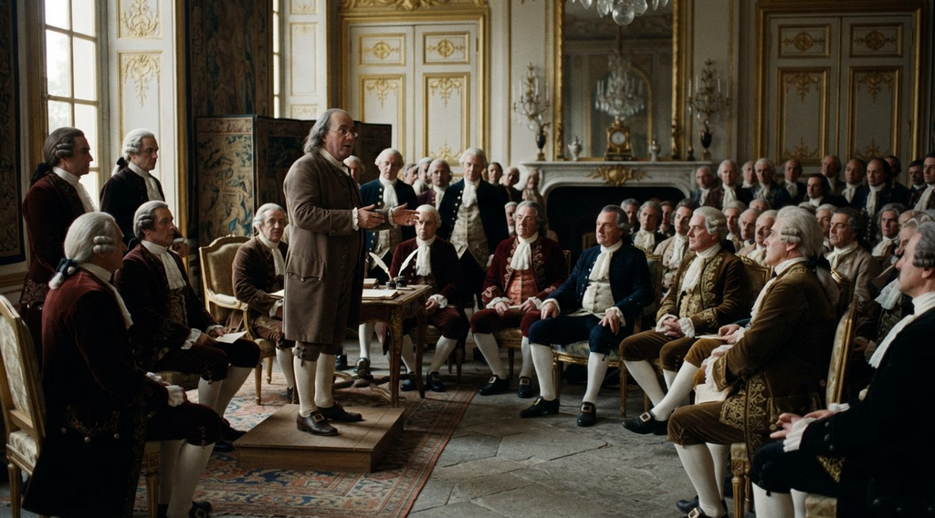 Benjamin Franklin in a plain brown suit stands before a group of diplomats in a lavishly decorated French court.