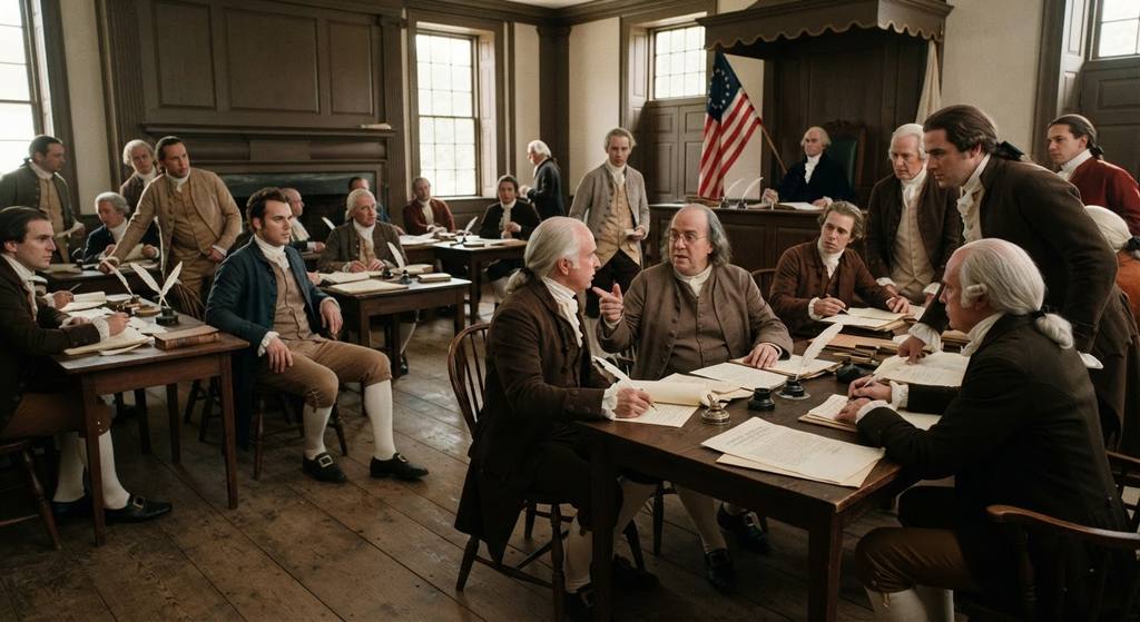 Delegates sit at tables in Independence Hall during a summer meeting to discuss government documents.