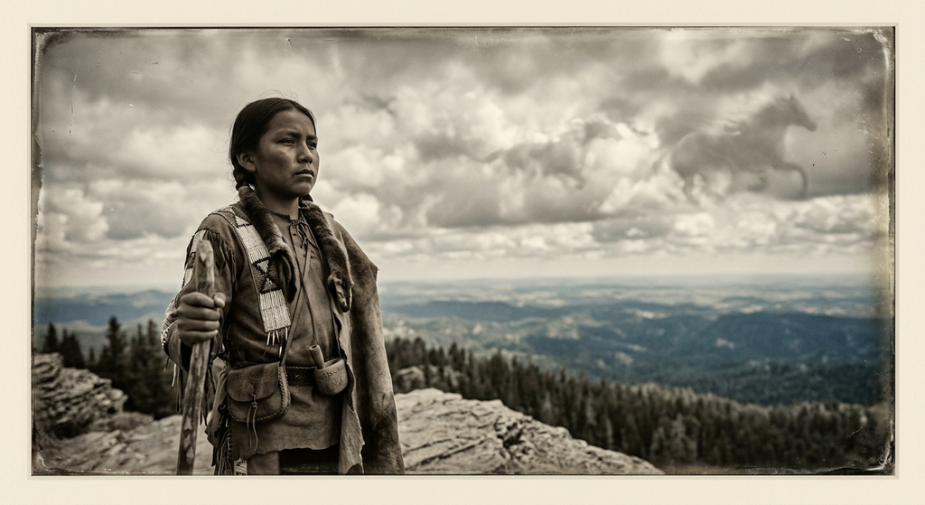 A young Lakota boy stands atop a rocky mountain peak looking out at a cloud-filled sky.