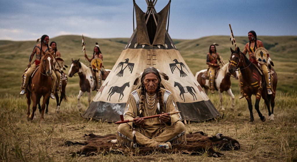 Painted Lakota riders on horseback circle around a central tipi on an open prairie.