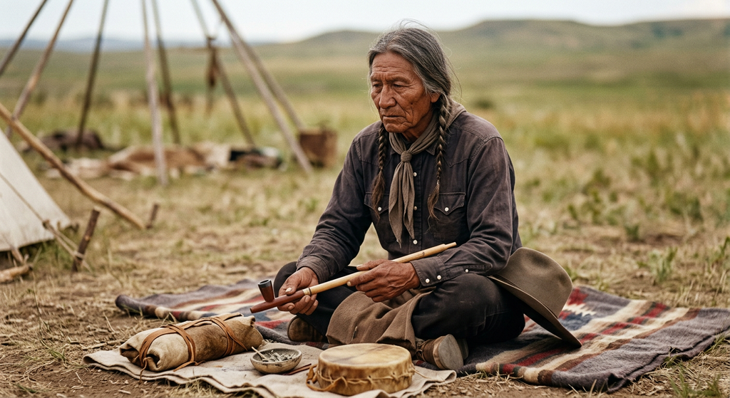 An elderly Lakota man sits outdoors in reflection while holding a traditional long wooden pipe.