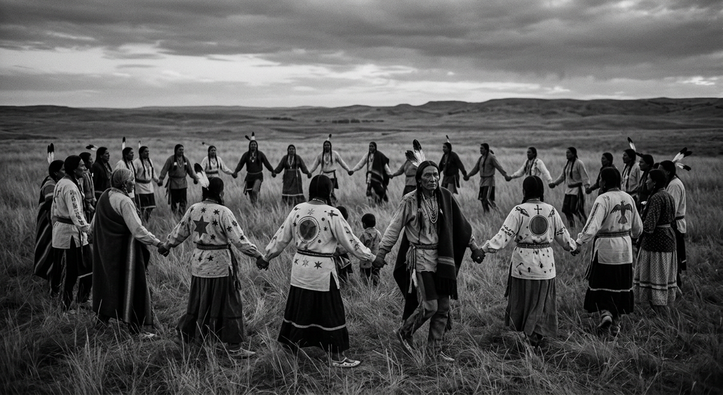 Lakota people holding hands form a large circle while dancing across the open prairie.