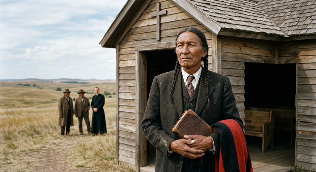 An older Lakota man holding a small book stands near the doorway of a wooden chapel on the plains.