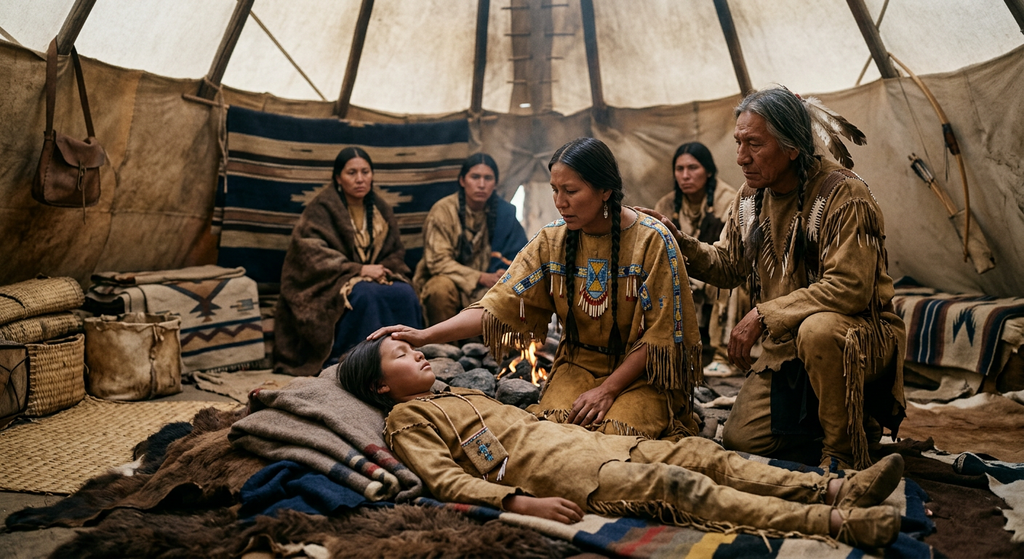 A young Lakota boy rests inside a canvas tipi surrounded by concerned family members.