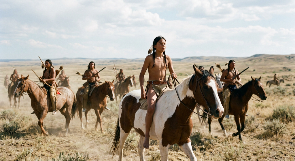 Lakota warriors ride horses across open dusty plains in bright sunlight.