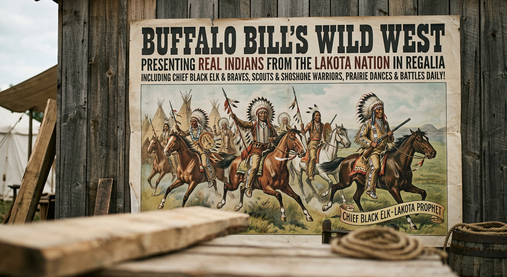Performer figures in traditional Lakota regalia are displayed on a vintage Wild West show poster.