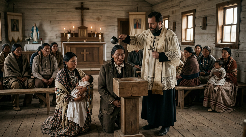 A simple wooden mission church stands alone on the grassy plains of the Pine Ridge Reservation.