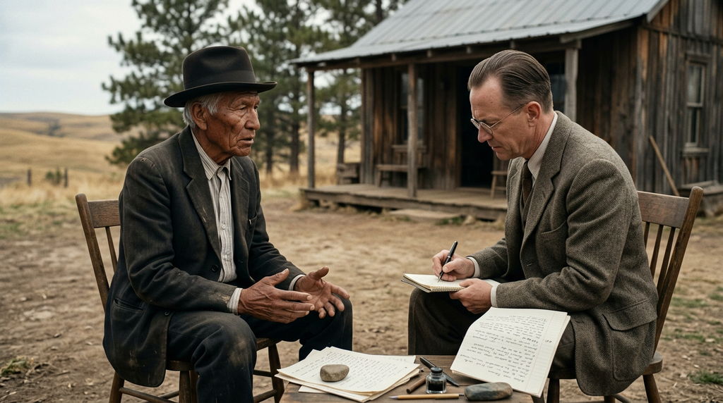 Two men sit outside a wooden cabin while one speaks and the other writes in a notebook.
