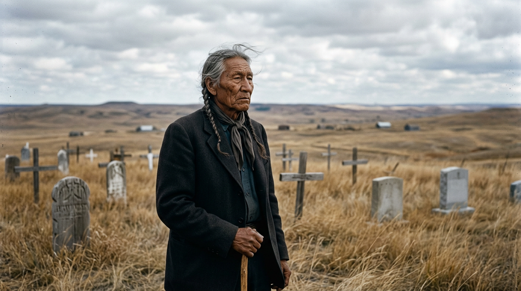 A quiet windswept cemetery rests on the rolling grass hills of the Pine Ridge Reservation.