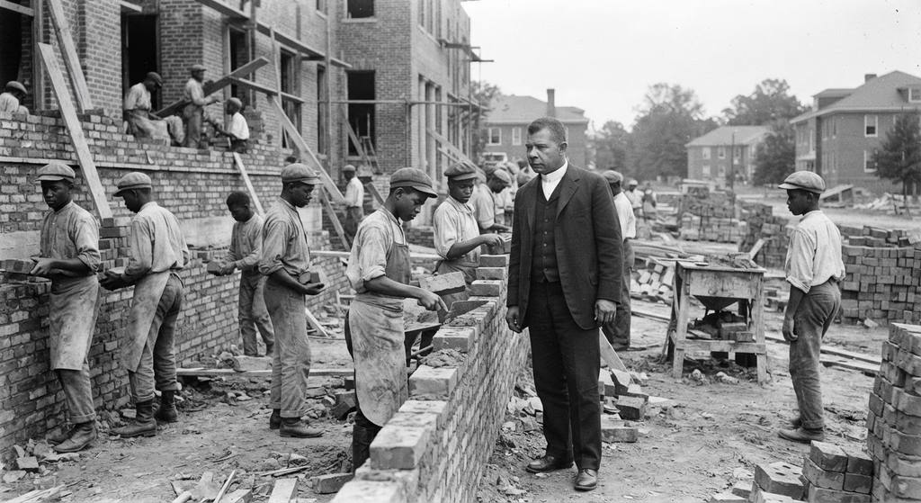 Students at Tuskegee Institute work together to lay brick walls for a new building.