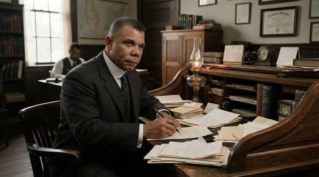 Booker T. Washington sits at an oak roll-top desk covered in correspondence in his office.