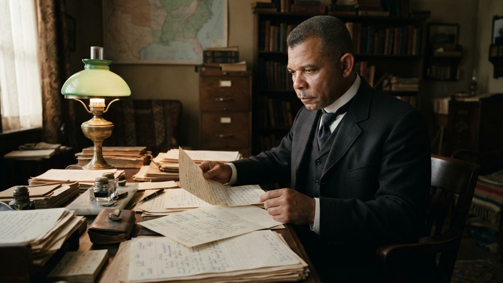 A desk lamp illuminates legal briefs, bank drafts, and letters on a wooden desk.