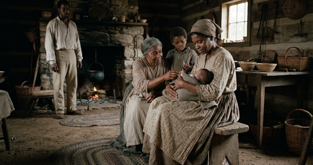 A family gathers in a rustic log cabin to welcome a newborn baby in a warm, hopeful scene.