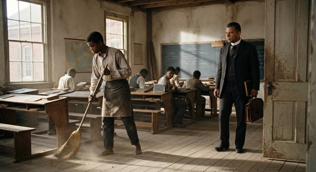 A young student sweeps the floor of a brick classroom at the Hampton Institute.