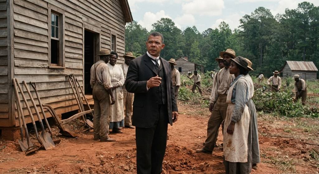 A wooden church building stands on red clay soil in Alabama, surrounded by scattered farm tools.