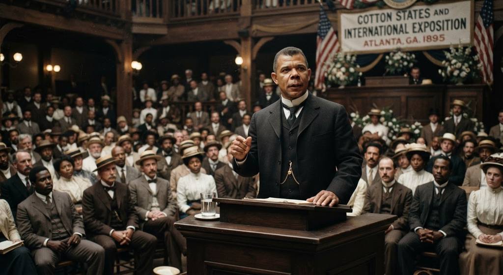 Booker T. Washington stands at a wooden podium addressing a crowded auditorium.